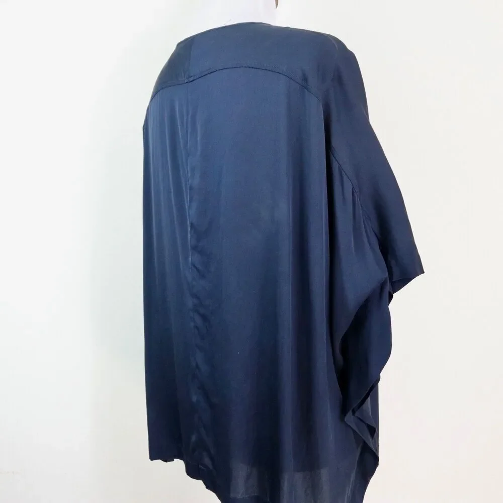 Vince Size S Stretch Silk Satin Boxy Blouse Gold Zipper Neck Navy Blue
